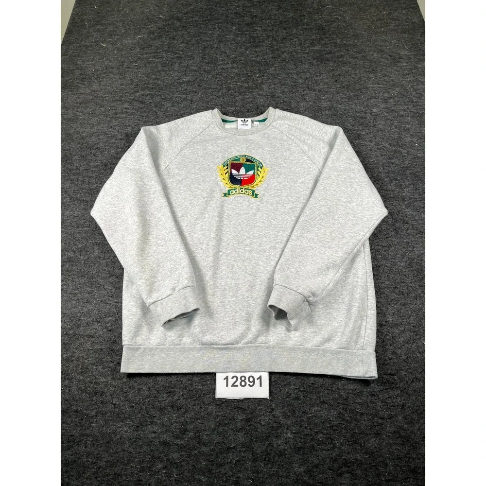 Adidas Sweatshirt Mens Large Heather Gray Crest Logo Crew Neck Ribbed Trim